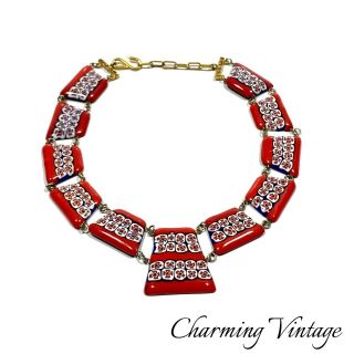Stunning Vintage Murano Italy Millefiori Panel Link Red Statement Necklace 15 "