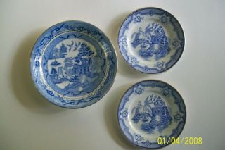 Three Small Antique Vintage Willow Pattern Blue & White Porcelain Dishes England