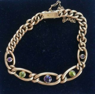 An Exceptional Solid 9 Ct Gold Amethyst And Peridot Set Bracelet