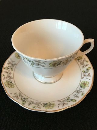 Vintage Tea Cup And Saucer Green Flowers,  Foliage & Gold Trim On White