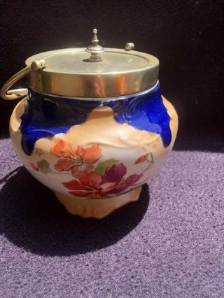 Antique Hand Painted Victorian Floral Biscuit Cookie Jar,  Porcelaine,  Silver Plt