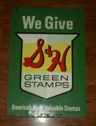 Vintage S&h Green Stamp Old Gas Station Double Sided 20 X 29.  5 Inch Metal Sign