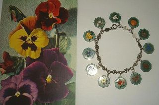 Rare Vintage Silver Thomas L Mott Tlm Full Set 12 Enamel Flower Charm Bracelet