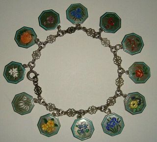 RARE VINTAGE SILVER THOMAS L MOTT TLM FULL SET 12 ENAMEL FLOWER CHARM BRACELET 2