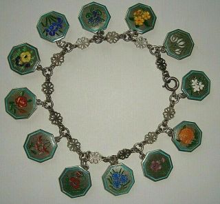 RARE VINTAGE SILVER THOMAS L MOTT TLM FULL SET 12 ENAMEL FLOWER CHARM BRACELET 3