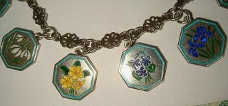 RARE VINTAGE SILVER THOMAS L MOTT TLM FULL SET 12 ENAMEL FLOWER CHARM BRACELET 7