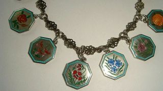 RARE VINTAGE SILVER THOMAS L MOTT TLM FULL SET 12 ENAMEL FLOWER CHARM BRACELET 9