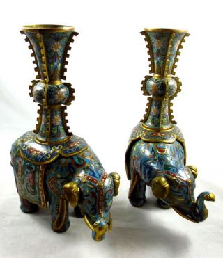 Vintage Chinese Gilded Cloisonne Trunk Up Elephant Pair W/ Vases (2)