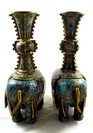 VINTAGE CHINESE GILDED CLOISONNE TRUNK UP ELEPHANT PAIR W/ VASES (2) 4