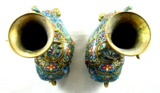 VINTAGE CHINESE GILDED CLOISONNE TRUNK UP ELEPHANT PAIR W/ VASES (2) 6