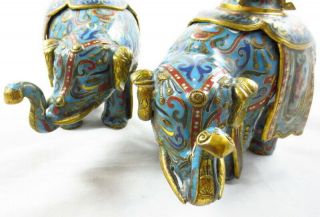 VINTAGE CHINESE GILDED CLOISONNE TRUNK UP ELEPHANT PAIR W/ VASES (2) 8