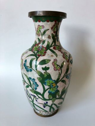 Antique Chinese Cloisonne White Green Floral Enamel 9 " Vase