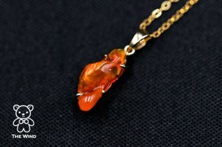 Extremely Rare Color Natural Mexican Fire Opal Necklace Pendant 14K Yellow Gold 10