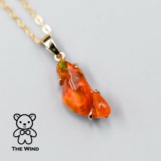 Extremely Rare Color Natural Mexican Fire Opal Necklace Pendant 14K Yellow Gold 2