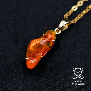 Extremely Rare Color Natural Mexican Fire Opal Necklace Pendant 14K Yellow Gold 3