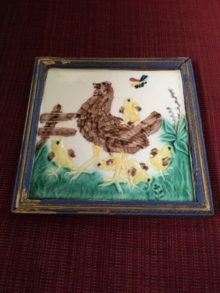 Vintage Tile Chicken Bees Fence Foliage 5x5 Glossy Marked And Framed Nic