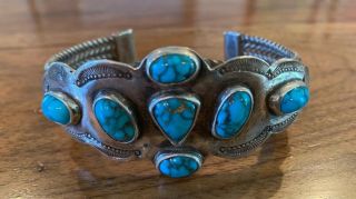 Vintage Sterling Silver Tribal Old Pawn 1 " Wide Turquoise Cuff Bracelet 55 Grams