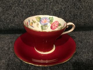 Vintage Aynsley Tea Cup & Saucer England Cabbage Roses Red English Bone China