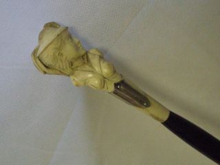 Antique Dress Cane Carved Lady Figure W/ Silver Shield Top/handle
