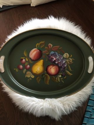 Vintage Hand Painted Oval Tole Tray 14 X 19 Vincent Fruit Apple Pear Grape Leaf