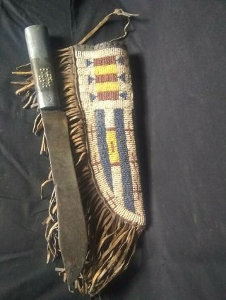 Antique Native American Indian Knife & Beaded Buckskin Sheath Scabbard