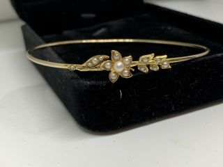Edwardian Art Nouveau 9ct Gold Bangle With Seed Pearls