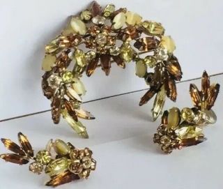 Vintage Schreiner Signed Rhinestone Art Glass Crescent Floral Brooch Earring Set