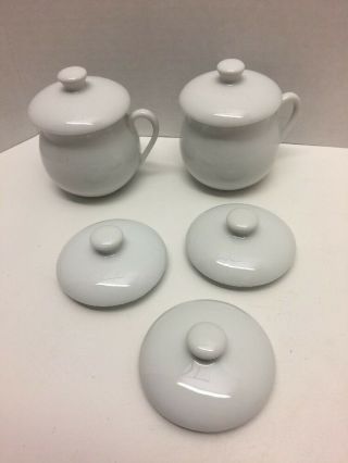 2 Pot De Creme Cream Ceramic Cups W/ Lids & 3 Lid Replacements White Color