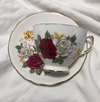 Royal Vale Bone China Tri Color Roses Cup And Saucer Set Made In England
