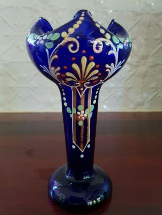 Antique Art Nouveau Hand Painted Cobalt Bristol Blue Hand Blown Vase