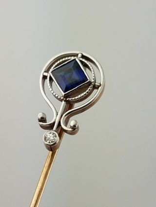 14k Gold Sapphire & Diamond Stick Pin - Art Deco