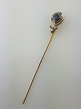 14k Gold Sapphire & Diamond Stick Pin - Art Deco 2