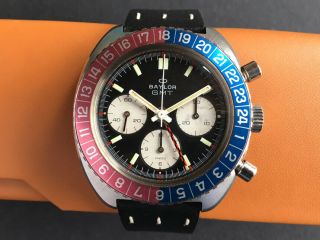 Baylor Vintage Swiss Gmt Diver Stainless Chronograph Valjoux Heuer Autavia Twin