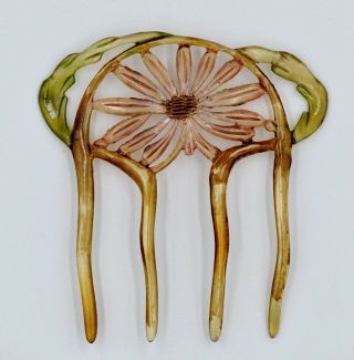 Lovely C1900 Art Nouveau Carved Buffalo Horn Floral Hair Comb