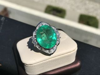 VINTAGE CERTIFIED 13.  58 CTW NATURAL COLOMBIAN EMERALD DIAMOND 18K GOLD RING 7