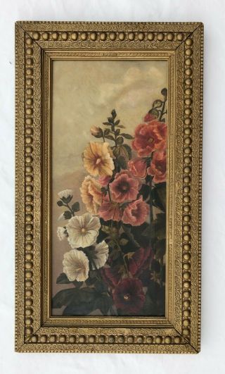 Hollyhocks In Garden Antique Late 19th Century Oil Painting On Canvas Frame