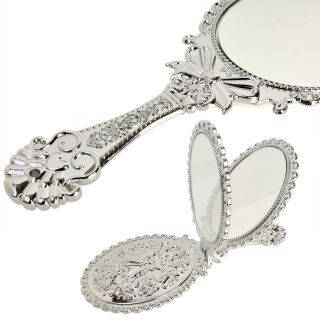 Vintage Antique Style Oval Round Silver Hand Held Vanity Mirror Folding Standing