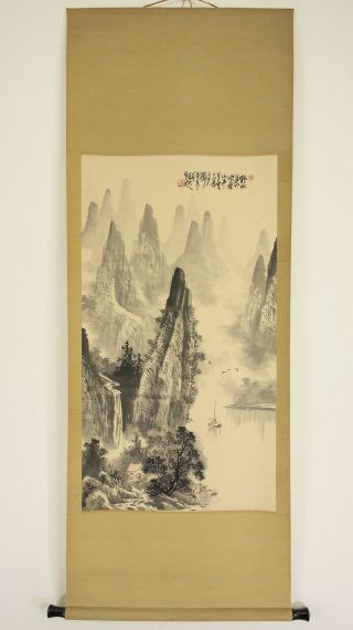 掛軸1967 Chinese Hanging Scroll " Sailing Boat Landscape " @n214