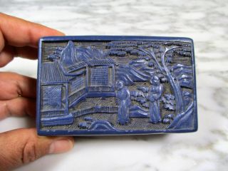 Antique Chinese Rare Carved Blue Cinnabar Lacquer Box W 2 Figures In Landscape