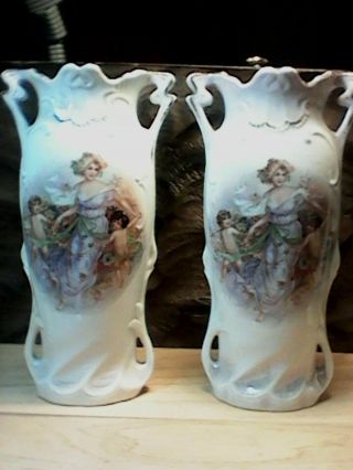 Antique Identical Victorian Porcelain Vases With Dual Handles Made In.