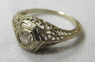 Antique Victorian 18k White Gold Filigree Ring W/ Diamond Size 5
