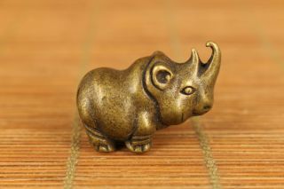 Mini Old Bronze Hand Casting Rhinoceros Statue Figure Collect Pendant Netsuke