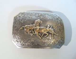H.  Friedrick Sterling & 10k Western Rodeo Theme Belt Buckle Vintage