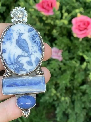 Amy Kahn Russell Vintage Porcelain Silver Pendant/bird/lapis Lazuli