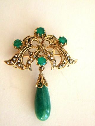 Vintage Gold Pin Pendant 4 Emeralds And A Jade Drop 14k Gold