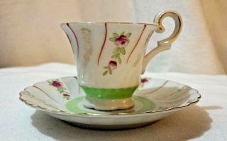Vintage Giftcraft White Tea Cup And Saucer W/green Pink Floral Made In Japan