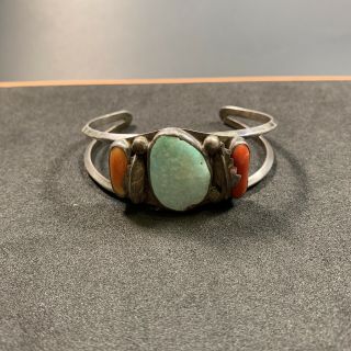 Vintage Sterling Silver Turquoise Coral Cuff 10