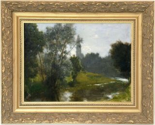 River Sauldre France Antique Oil Painting By Alfred De Curzon (french,  1820 - 1895