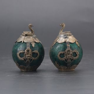 A Pair Collectable Green Jade Armor Tibetan Silver Hand - Carve Snake Statue