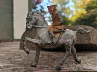 Barclay Cast Iron Cavalry Soldier With Grey Horse,  Paint Tan Uniform